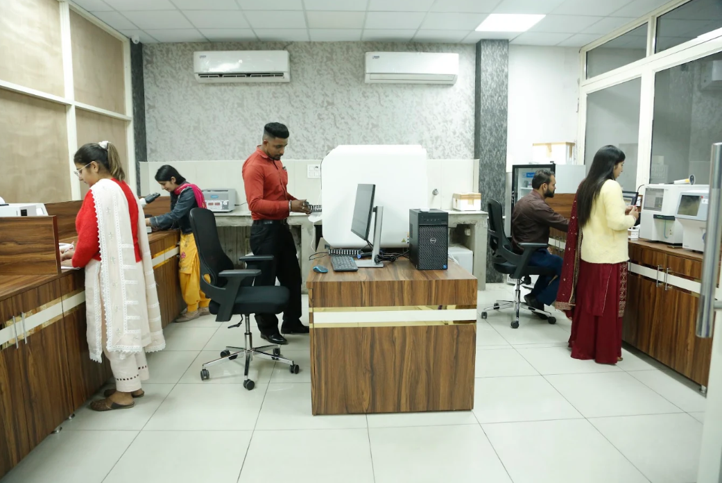 Lab technicians processing diagnostic samples at Health Key Path Labs, Hoshiarpur